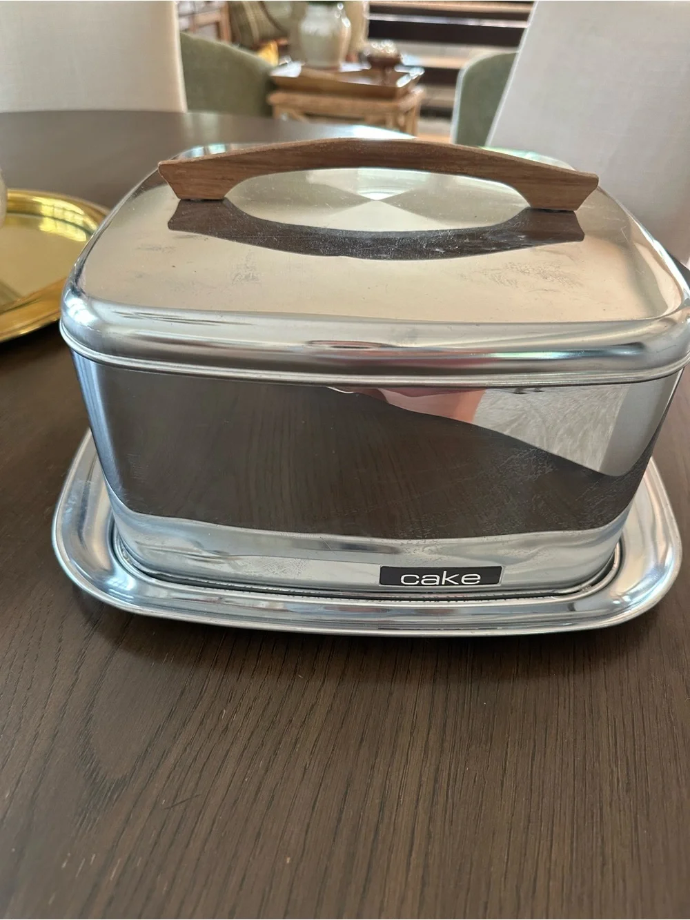 Vintage MCM Stainless Steel Cake Carrier with Wood Handle